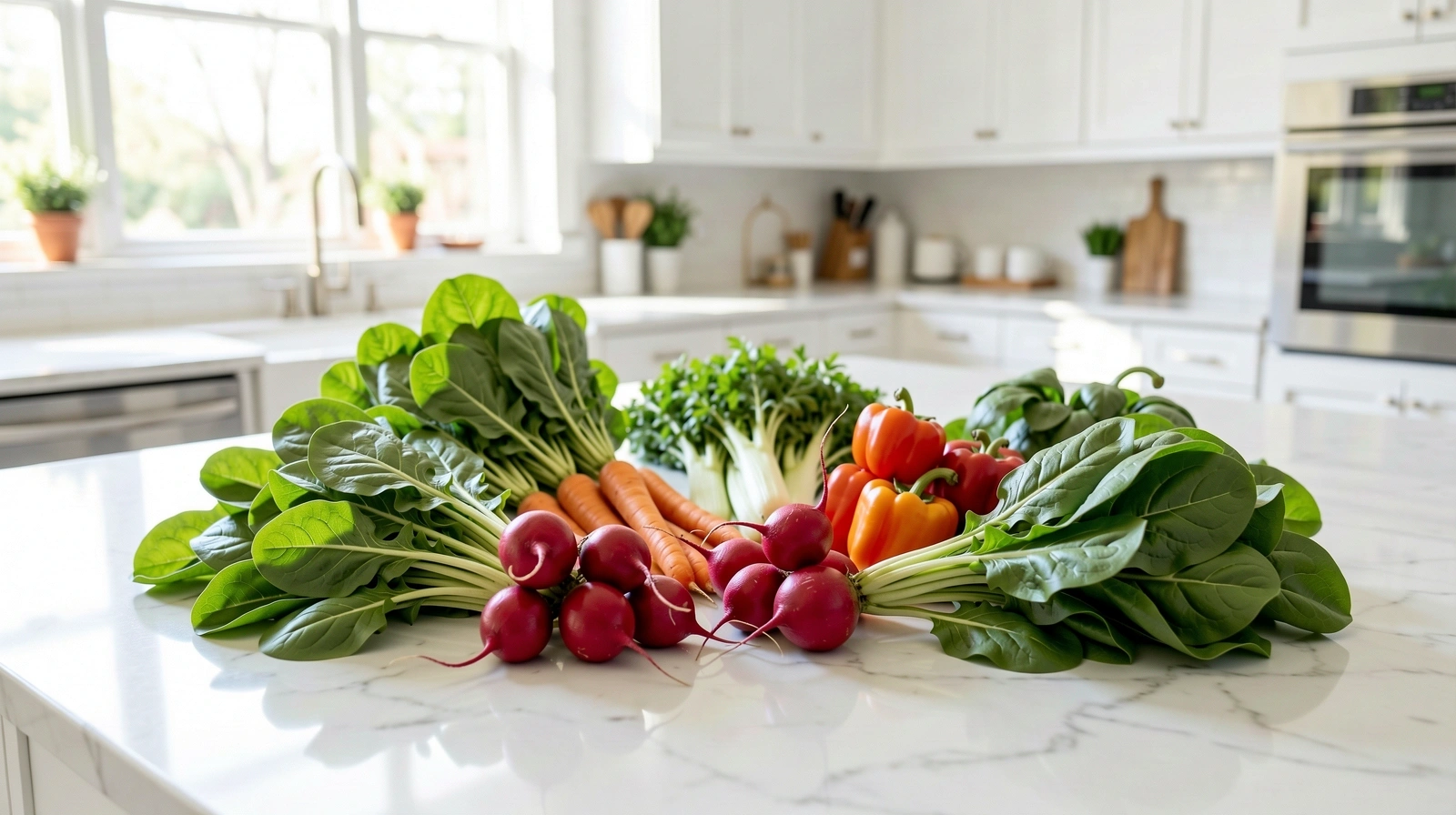 Légumes frais sur un plan de travail en marbre